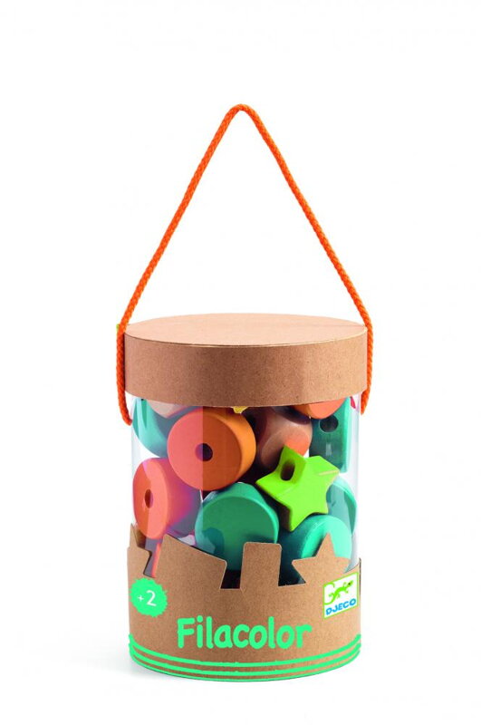 Djeco -  Fila-farebné tvary: Drevené korálky s navliekaním na šnúrku